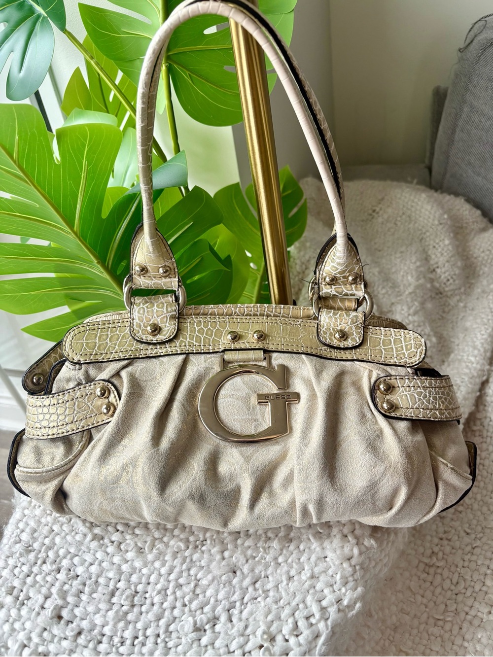 Vintage Y2K GUESS Sundown Metallic Gold Croc G Logo Shoulder Purse Bag McBling